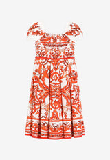 Dolce & Gabbana Kids Girls Majolica Print Gathered Dress Multicolor L54DT6 G7P4J IO3TN