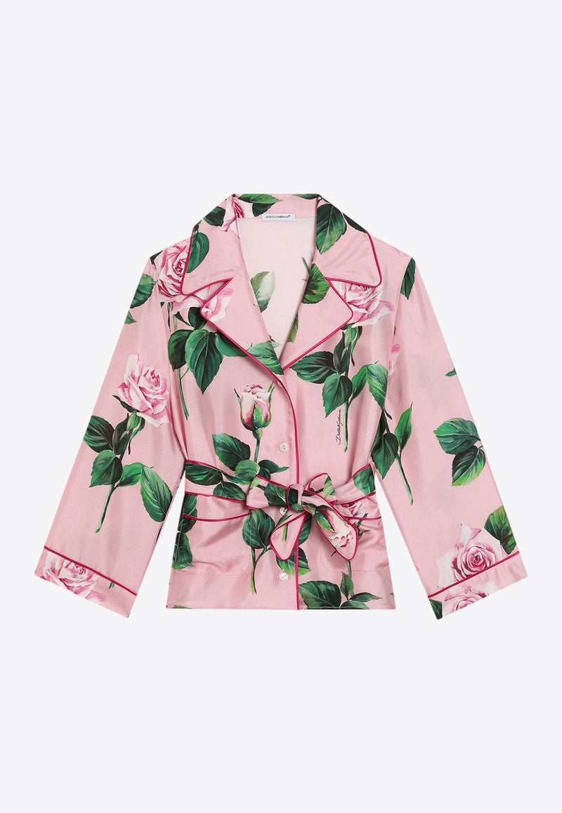 Dolce & Gabbana Kids Girls Rose Print Belted Shirt Pink L56S29 IS1X8 HF5IZ