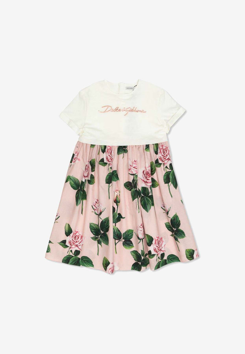 Dolce & Gabbana Kids Girls Sequined Logo Rose Print Dress Pink L5JD9R G7O0S S9000