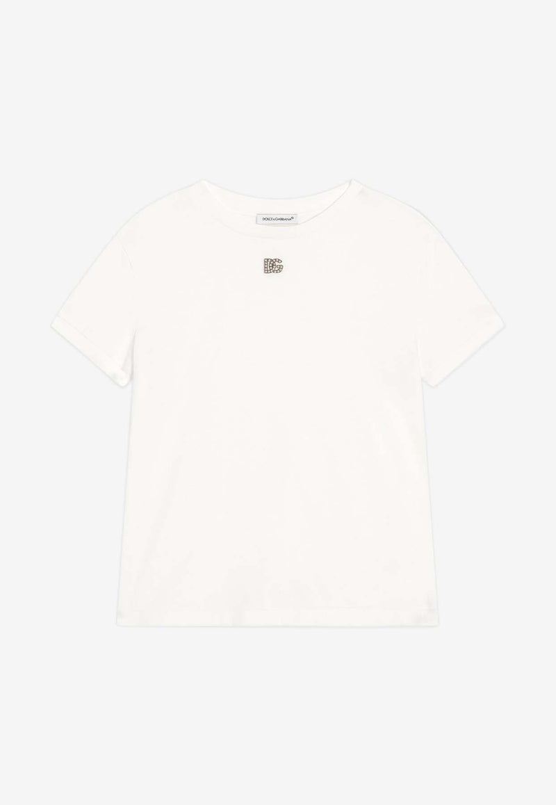 Dolce & Gabbana Kids Girls Crystal DG Logo Crewneck T-shirt White L5JTNJ G7O3N W0111