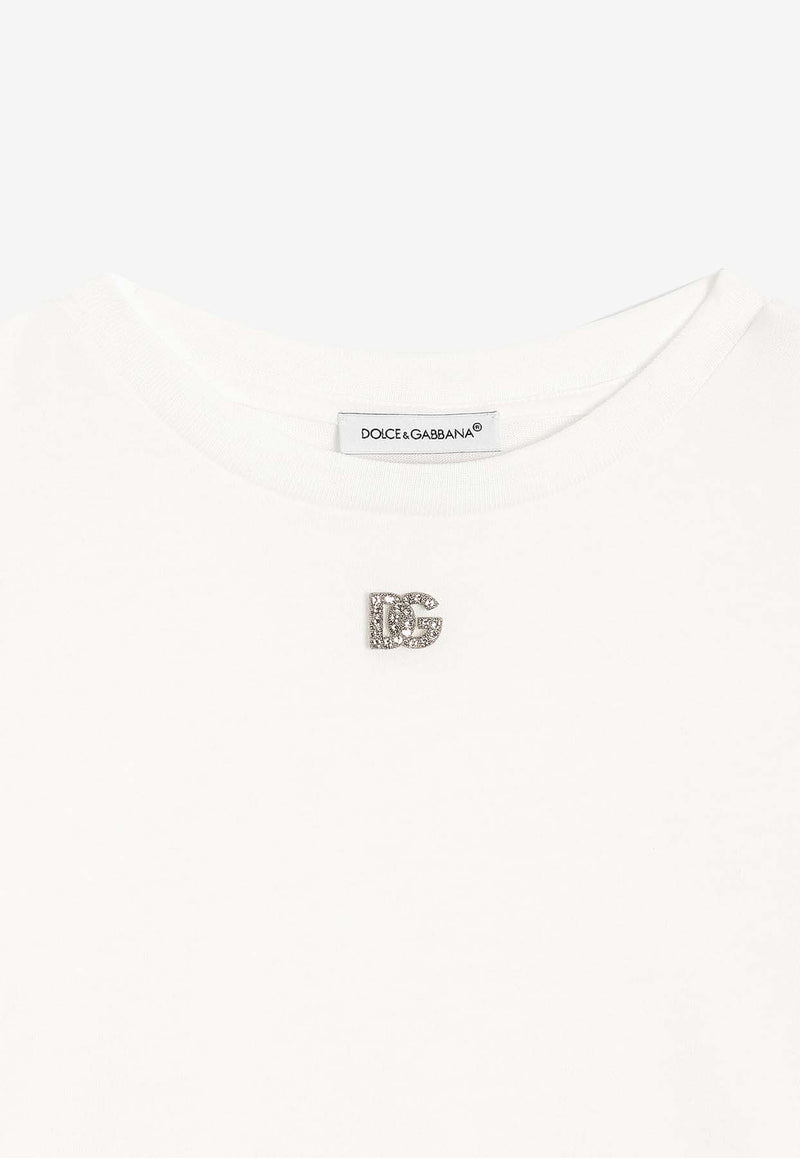 Dolce & Gabbana Kids Girls Crystal DG Logo Crewneck T-shirt White L5JTNJ G7O3N W0111