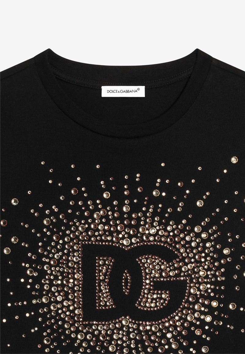 Dolce & Gabbana Kids Girls Rhinestone DG Logo T-shirt Black L5JTNK G7N6B N0000