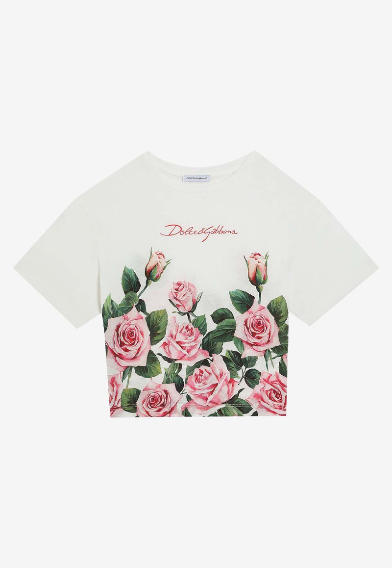 Dolce & Gabbana Kids Girls Rose Print Crewneck T-shirt White L5JTNL II7GI HA5IZ