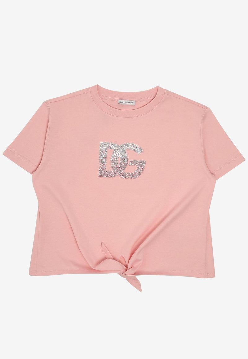 Dolce & Gabbana Kids Girls Rhinestone DG Logo Knotted T-shirt Pink L5JTOV G7O0X F0660