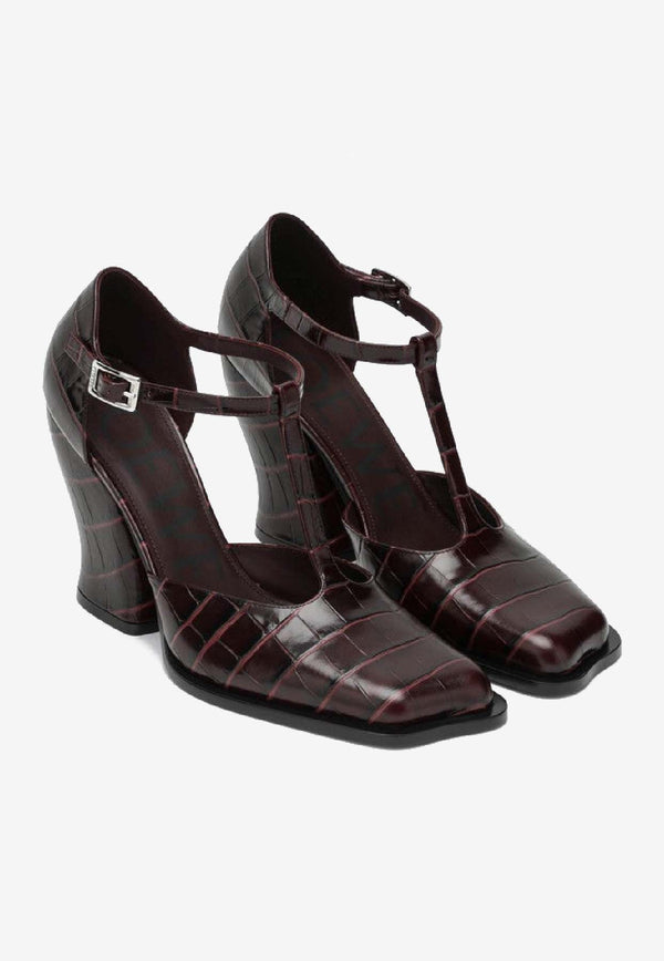 Loewe Onda 90 T-bar Pumps in Croc-Embossed Leather Burgundy LONDS01X07LE/R_LOEW-7110