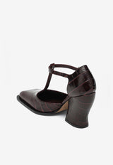 Loewe Onda 90 T-bar Pumps in Croc-Embossed Leather Burgundy LONDS01X07LE/R_LOEW-7110