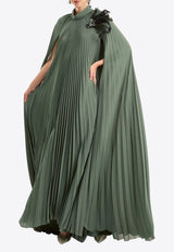 GEMY MAALOUF Pleated Kaftan with Feather-On-Shoulder Olive LOOK 19-GMCP26 7880KF_OLIVE