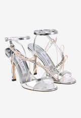 Jimmy Choo Lula 100 Metallic Leather Sandals with Velvet Bows Silver LULA 100 BQD SILVER/MACARON