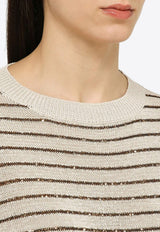 Brunello Cucinelli Crewneck Sweater with Sequin Stripes Beige M78765110CO/O_CUCIN-CUN46