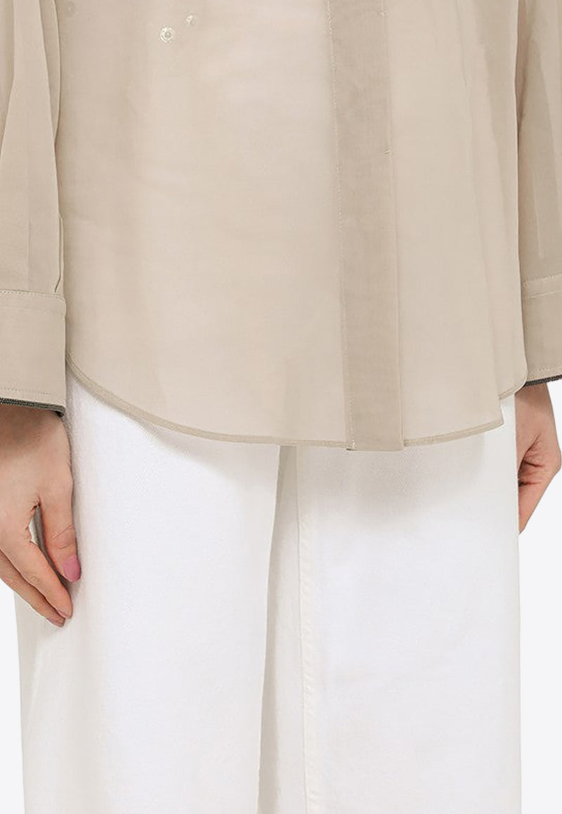 Brunello Cucinelli Semi-Sheer Long-Sleeved Shirt with Shiny Cuff-Trim Beige MH911MK956CO/O_CUCIN-C9593