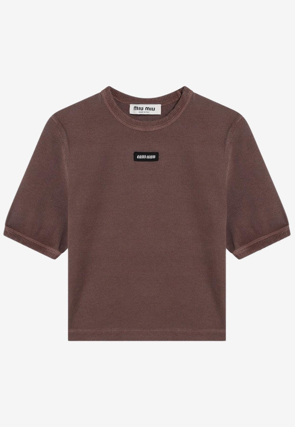 Miu Miu Logo Patch Cropped  T-shirt Brown MJN561OOO15NM/Q_MIU-F0324