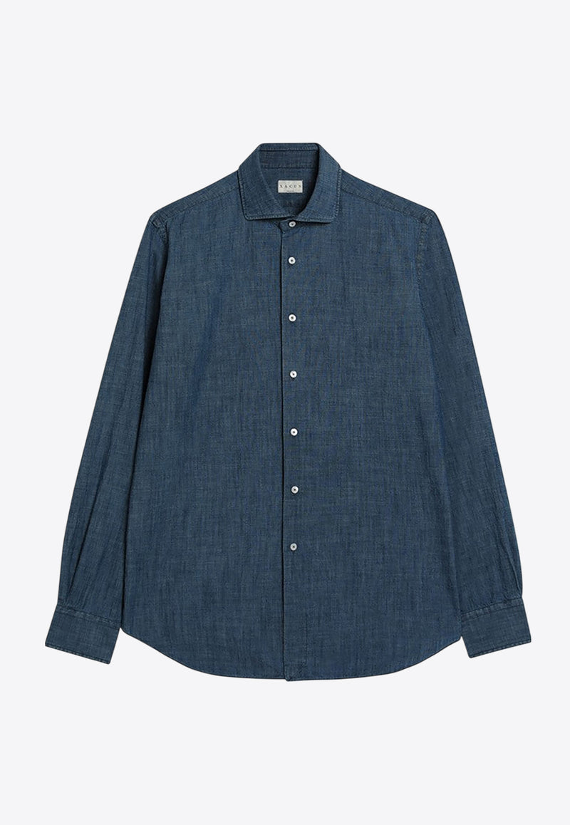 XACUS Long-Sleeved Denim Shirt in Linen Blend Blue MOP742ML81117/Q_XACUS-002