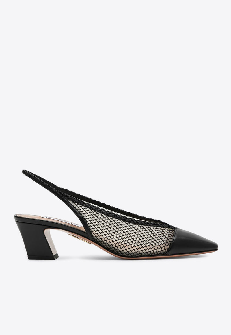 Aquazzura Margot 45 Leather and Mesh Slingback Pumps Black MRHMIDL0MHN/R_AQUA-000