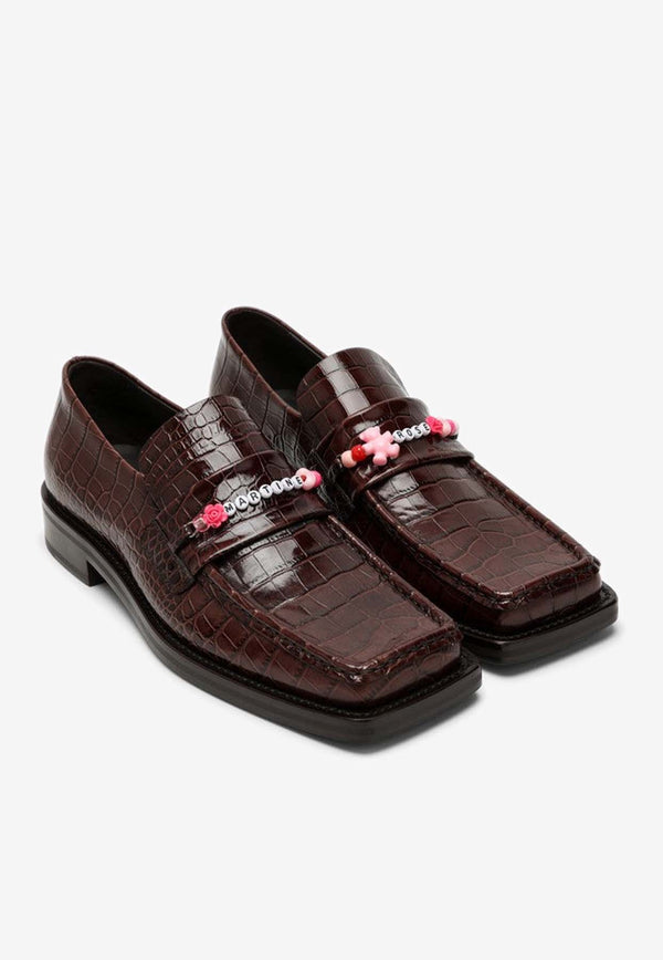 Martine Rose Beaded Loafers in Croc-Embossed Leather Brown MRSS241051ALE/O_MARTI-BROMUL