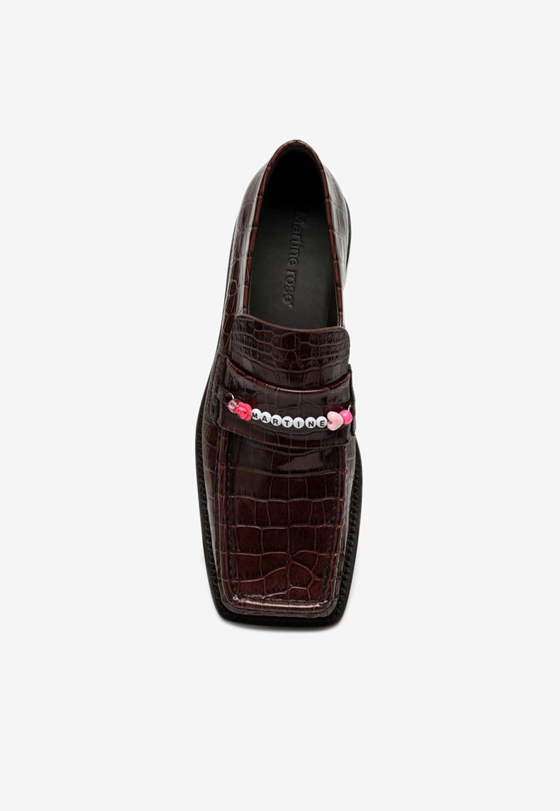 Martine Rose Beaded Loafers in Croc-Embossed Leather Brown MRSS241051ALE/O_MARTI-BROMUL