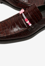 Martine Rose Beaded Loafers in Croc-Embossed Leather Brown MRSS241051ALE/O_MARTI-BROMUL