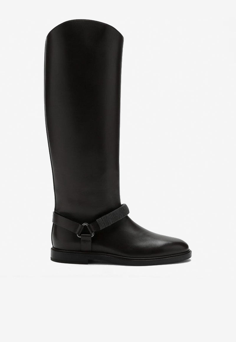 Brunello Cucinelli Ribbed Strap Knee-High Leather Boots Dark Brown MZOLC2847LE/P_CUCIN-C8279