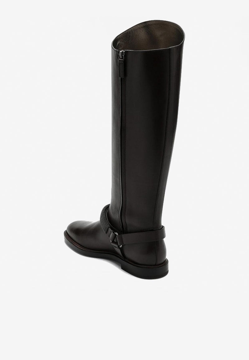 Brunello Cucinelli Ribbed Strap Knee-High Leather Boots Dark Brown MZOLC2847LE/P_CUCIN-C8279