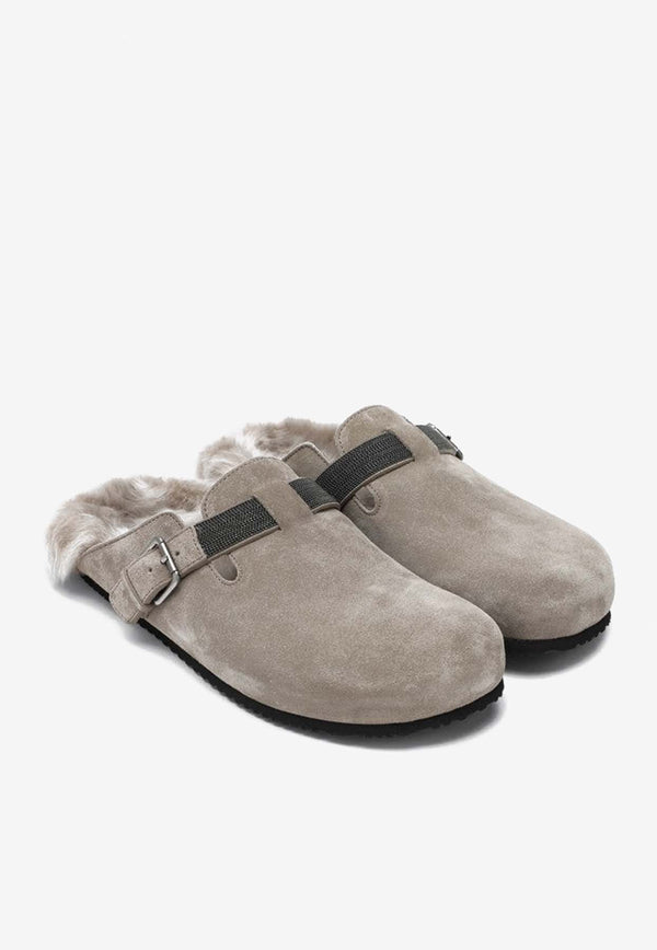 Brunello Cucinelli Monili Embellished Suede Slippers Gray MZSFG2552LE/P_CUCIN-C5859