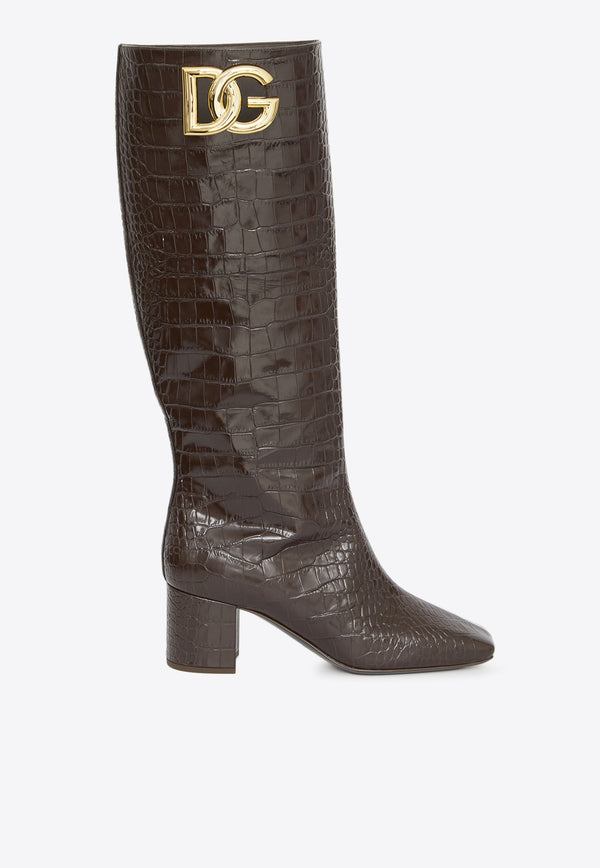 Dolce & Gabbana Jackie 60 Knee-High Boots in Croc-Embossed Leather Brown CU1067-AP535-87754