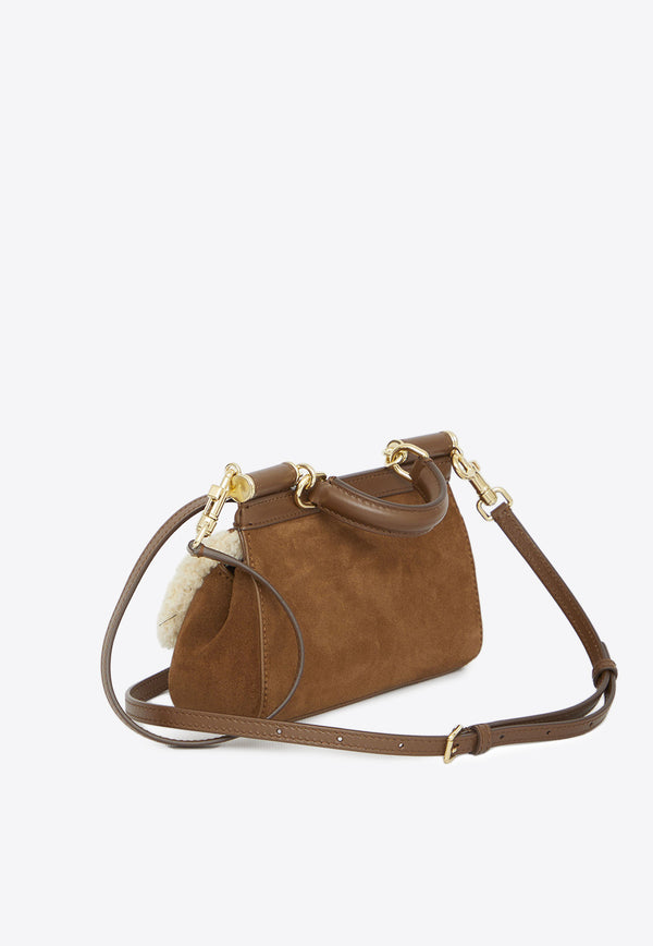 Dolce & Gabbana Small Sicily Faux Fur-Trimmed Top Handle Bag in Suede Brown BB7116-AN415-8Z084