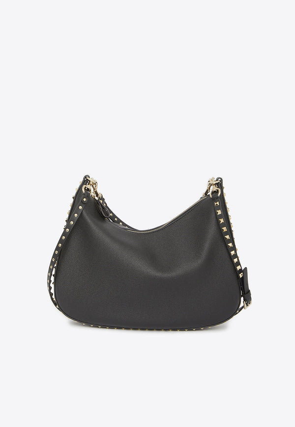 Valentino Rockstud Hobo Bag in Grained Leather Black 3W2B0M36-TAG-0NO
