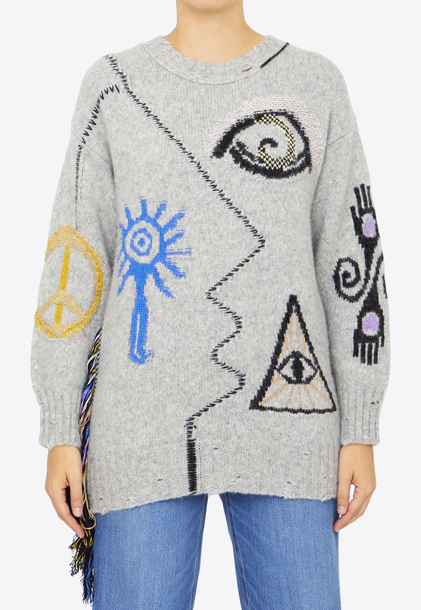 Stella McCartney Folk Embroidery Sweater in Alpaca Blend Gray 6K0567-3S2438-8490