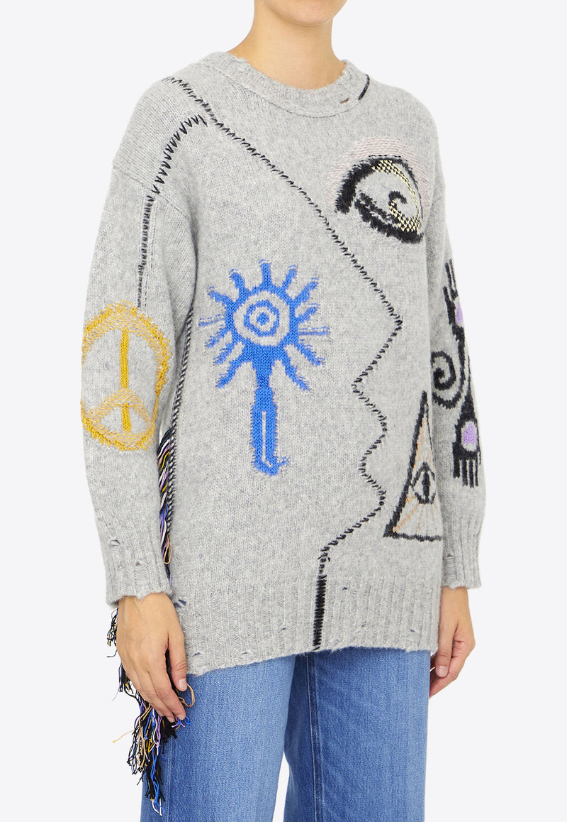 Stella McCartney Folk Embroidery Sweater in Alpaca Blend Gray 6K0567-3S2438-8490