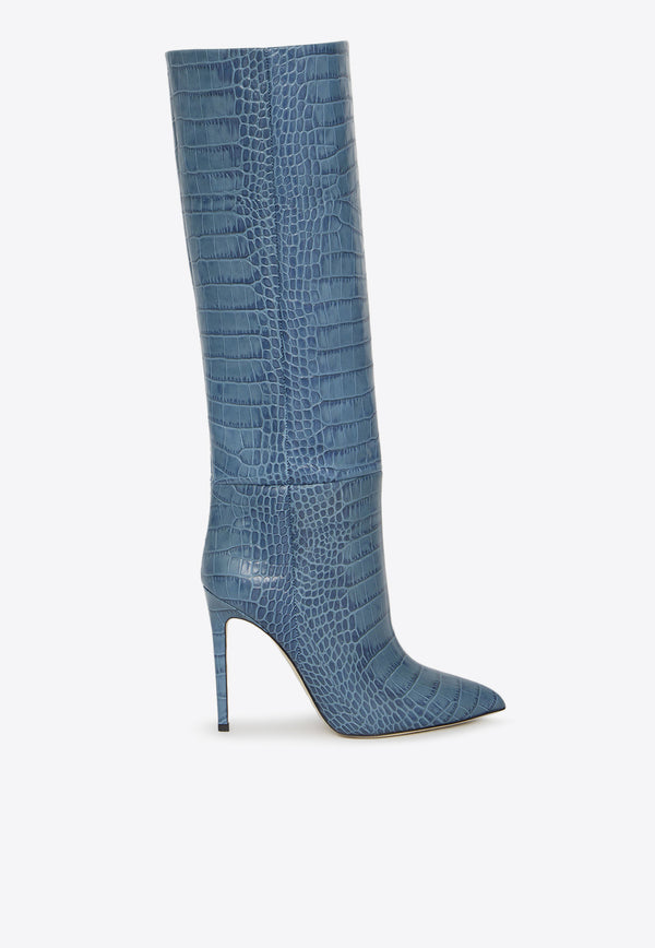 Paris Texas 105 Knee-High Boots in Croc-Embossed Leather Light Blue PX133-XCOCO-DENIM