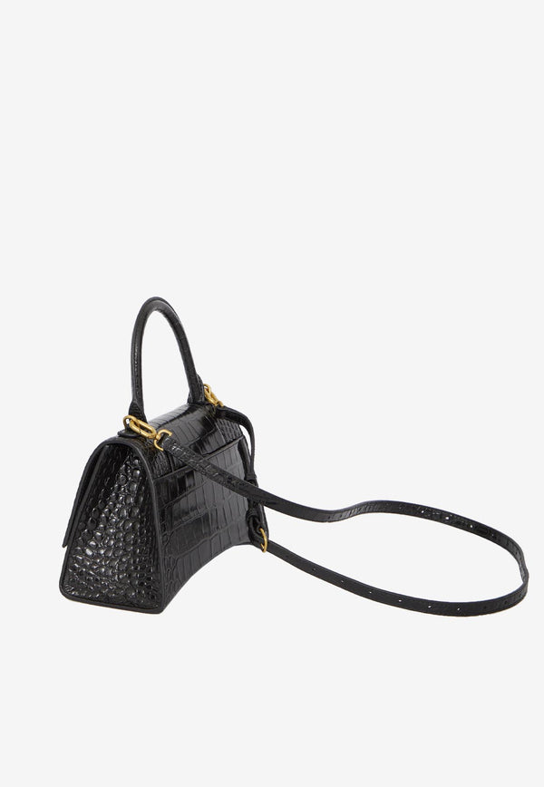 Balenciaga Small Hourglass Top Handle Bag in Croc-Embossed Leather 593546-1LRGM-1000 Black