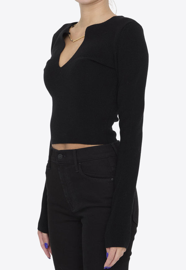 Alexander Wang V-neck Cropped Sweater with Nameplate Chain Black 1KC1241006--001