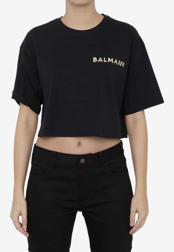 Balmain Logo Print Cropped T-shirt Black CF1EE020BC61--EAD