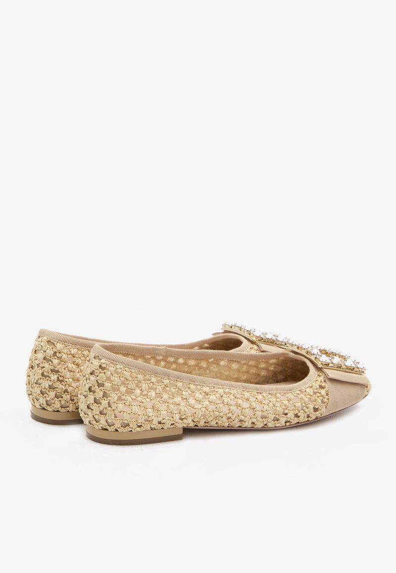 Roger Vivier Tres Vivier Raffia Ballet Flats Beige RVW44938140-RNK-5T97