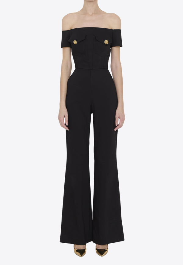 Balmain Off-Shoulder Crepe Jumpsuit Black CF1PW130VE17--0PA