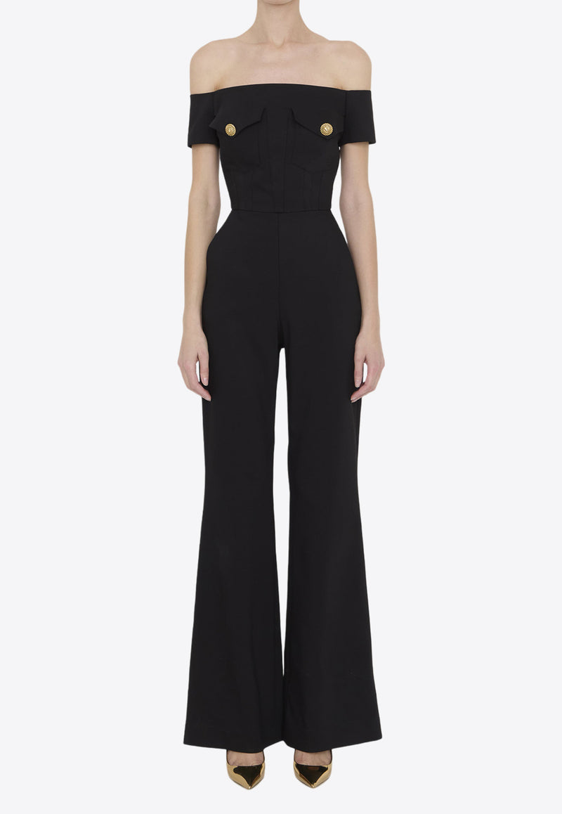 Balmain Off-Shoulder Crepe Jumpsuit Black CF1PW130VE17--0PA