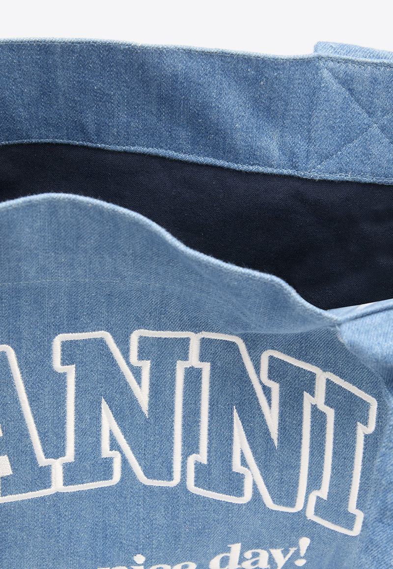 GANNI Logo Print Denim Tote Bag Blue A5599--630
