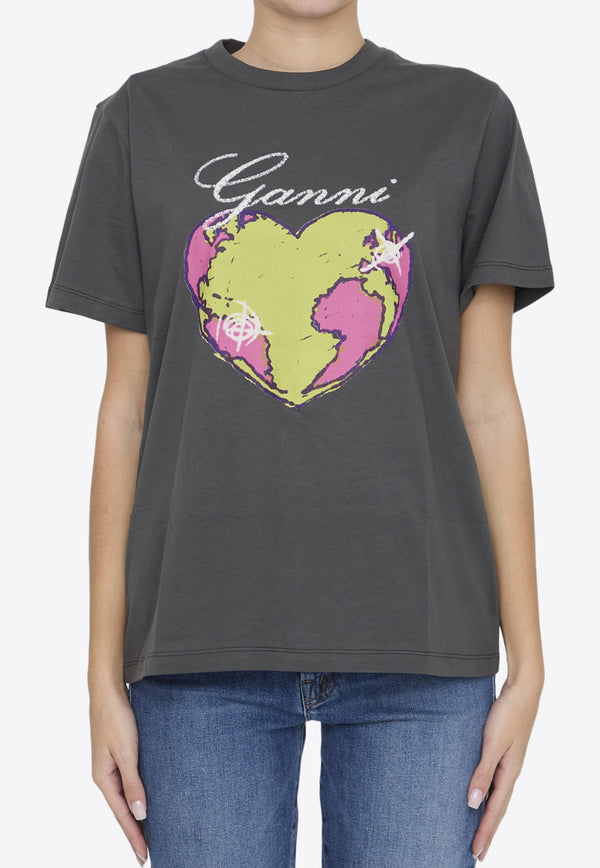 GANNI Heart Logo Print T-shirt Gray T3770--490