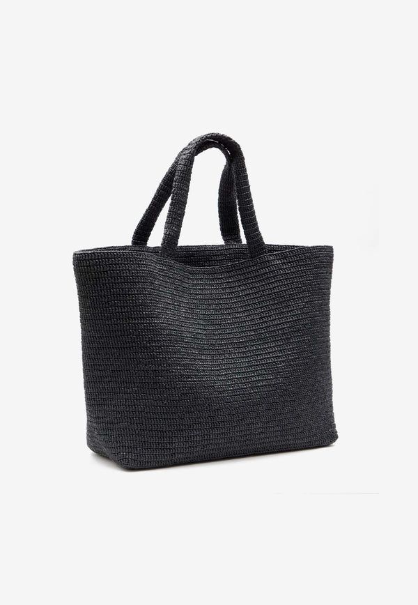 Saint Laurent Logo Embroidered Raffia Tote Bag Black 756269-GAAEI-1000