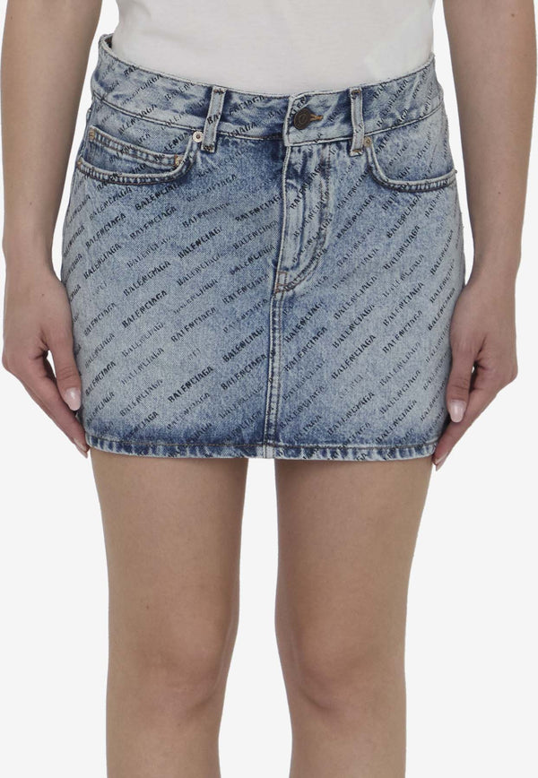 Balenciaga All-Over Logo Mini Denim Skirt Blue 744972-TQW66-4141