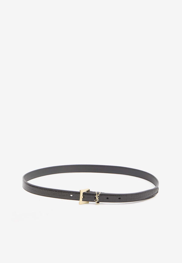 Saint Laurent Cassandre Croc-Embossed Leather Thin Belt Dark Brown 554465-AACUZ-2053