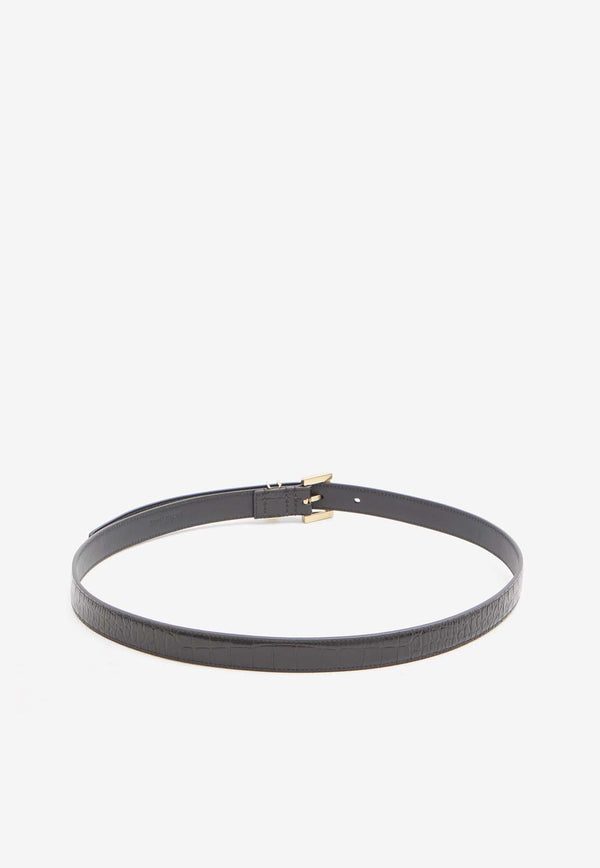 Saint Laurent Cassandre Croc-Embossed Leather Thin Belt Dark Brown 554465-AACUZ-2053