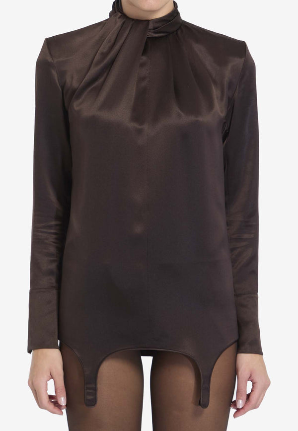 Saint Laurent Twist-Neck Garter Blouse Brown 810182-Y001W-2568