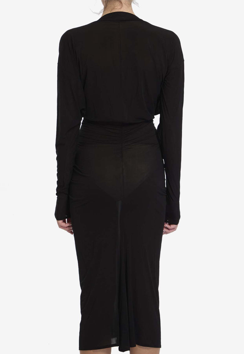 Saint Laurent Semi-Sheer Ruched Midi Dress Black 808093-Y5G89-1000