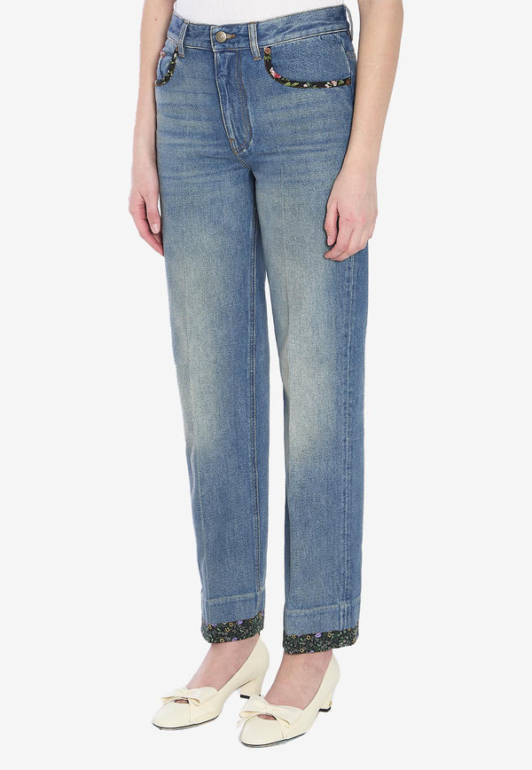 Valentino Floral Print-Trimmed Straight Jeans Light Blue 6B0DD19X-94V-558