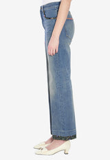 Valentino Floral Print-Trimmed Straight Jeans Light Blue 6B0DD19X-94V-558