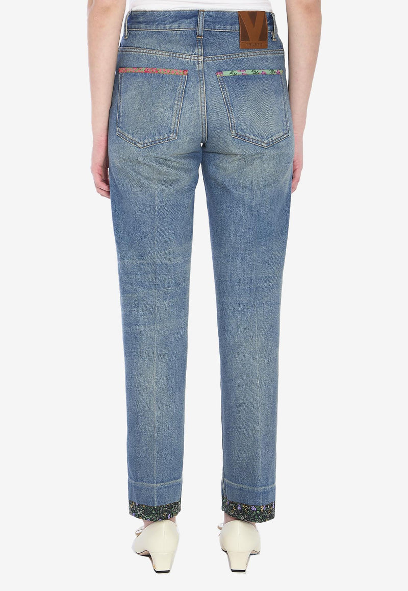 Valentino Floral Print-Trimmed Straight Jeans Light Blue 6B0DD19X-94V-558