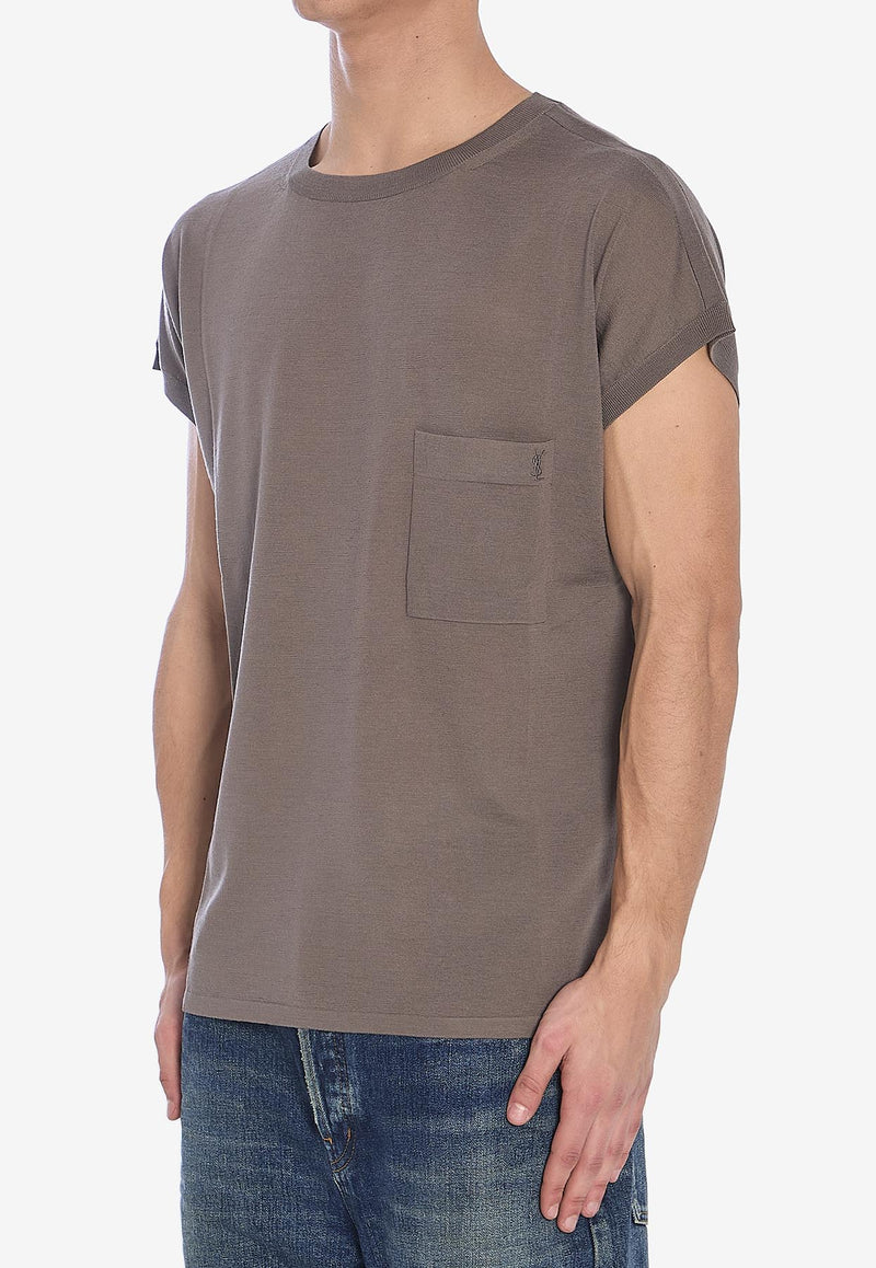 Saint Laurent Logo Embroidered Wool T-shirt Gray 818716-Y76HF-1021