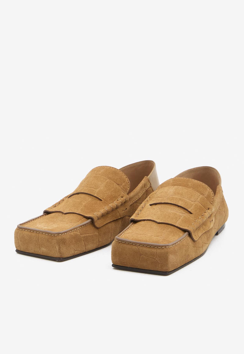 Jacquemus Carré Croc-Embossed Suede Loafers Camel 243FO147-4355-830