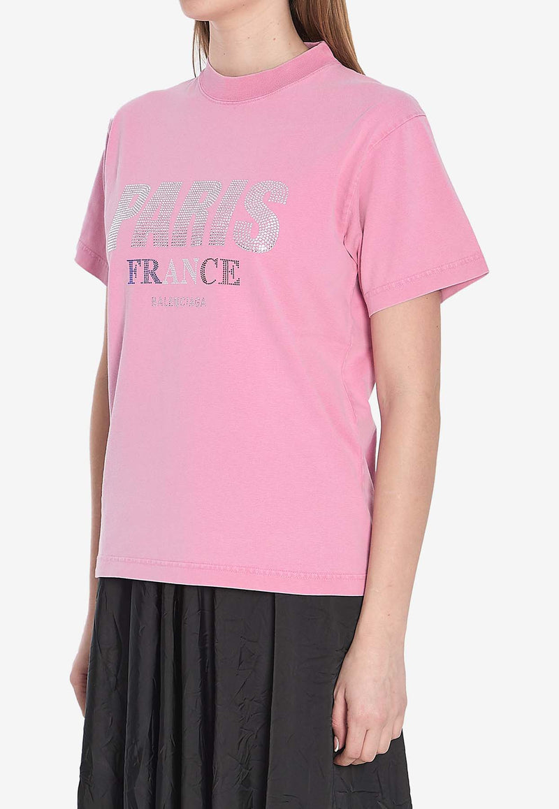 Balenciaga Paris Strass Crewneck T-shirt Pink 809122-TRVL5-9568