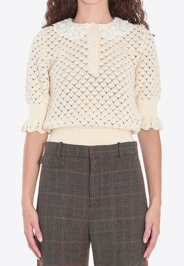 Chloé Lace-Trimmed Open Knit Blouse Cream CH25AMP47590--107